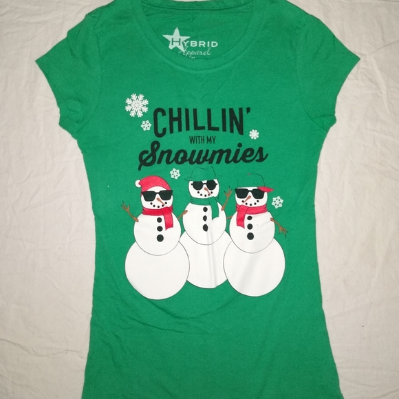 Hybrid & company Tops - Christmas T-shirt Snowman Green White Medium